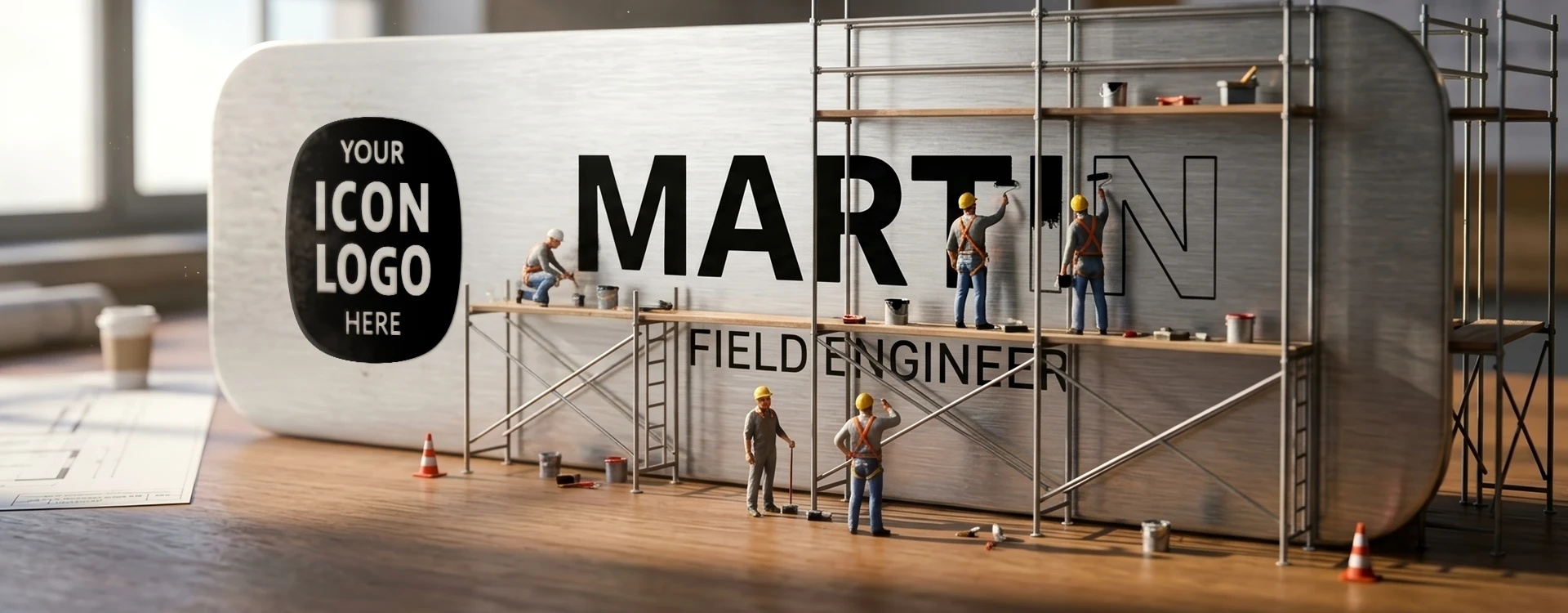 Photorealistic diorama of miniature construction workers building and installing a giant brushed gold name tag on a work site — wingsteps