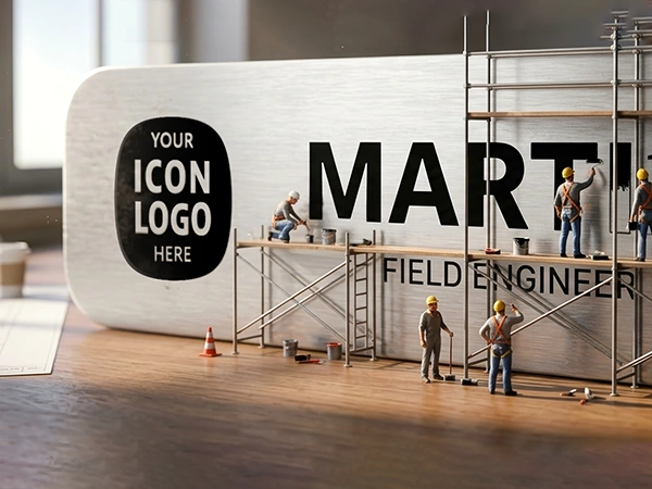 Photorealistic diorama of miniature construction workers building and installing a giant brushed gold name tag on a work site — wingsteps