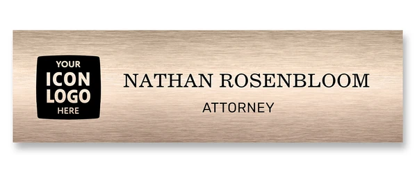 Brushed bronze metallic name tag with company logo placement — designed by Debbie Alane, wingsteps