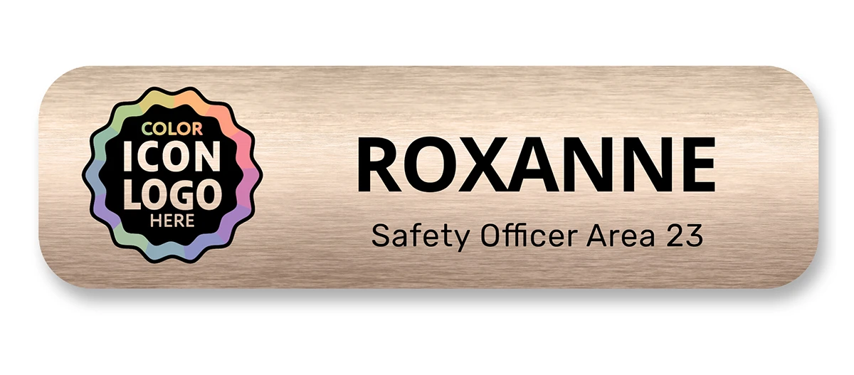 Brushed bronze metallic employee name tag with first name and job title — designed by Debbie Alane, wingsteps