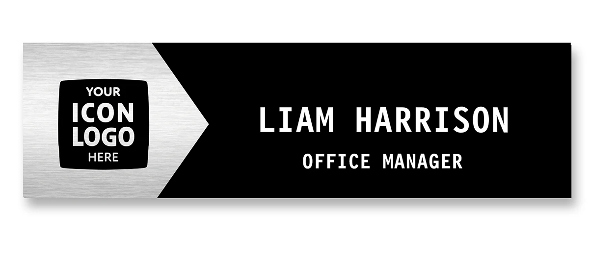 Black and silver chevron employee name tag with company logo, name, and title — designed by Debbie Alane, wingsteps