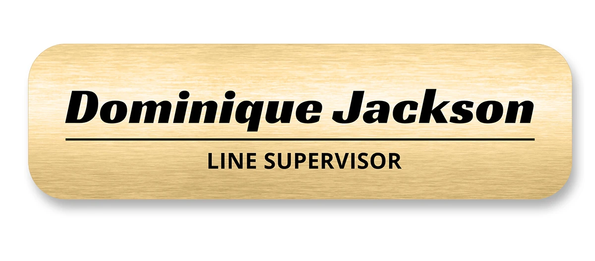 Brushed gold metallic name tag with stylish bold typography for employee name and title — designed by Debbie Alane, wingsteps