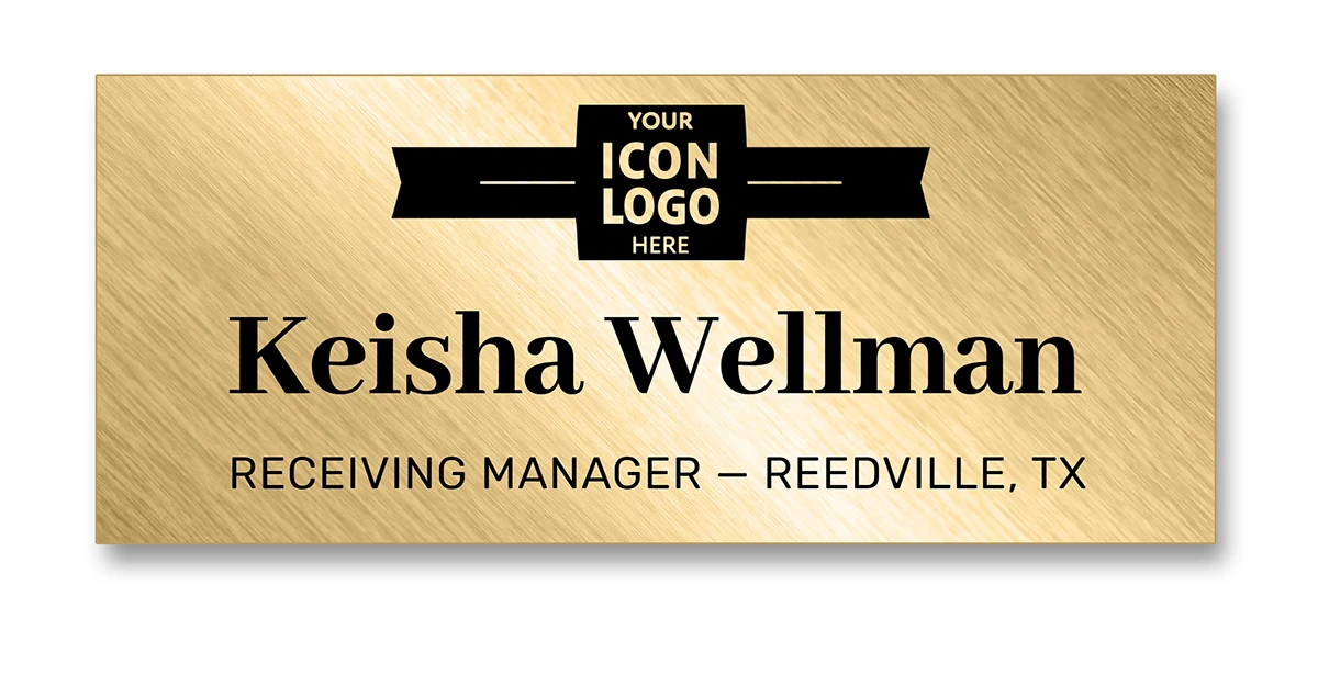 Wide brushed gold name tag with company logo banner, employee name, and job title — wingsteps
