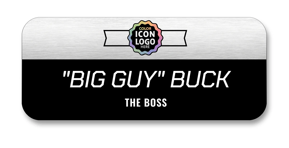 Brushed silver and black name tag with wide color logo banner, employee name, and job title — wingsteps