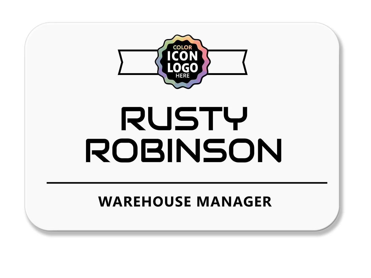 Bold black and white name tag with wide logo across top, employee name and job title — wingsteps