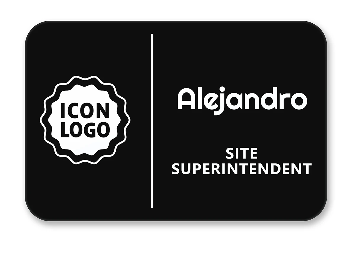 Black and white minimal name tag with logo on left, employee name and job title on right — wingsteps