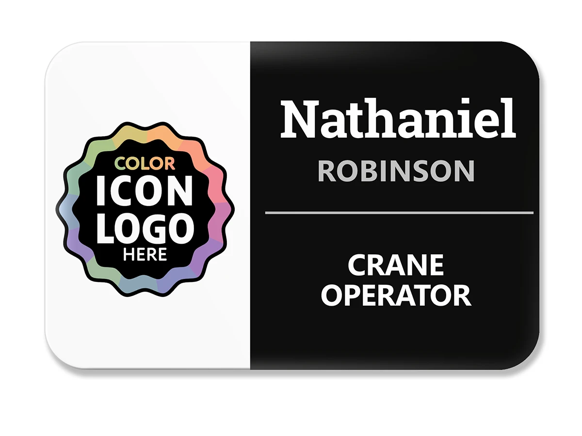 Split black and white name tag with color logo panel on left, employee name and job title on right — wingsteps