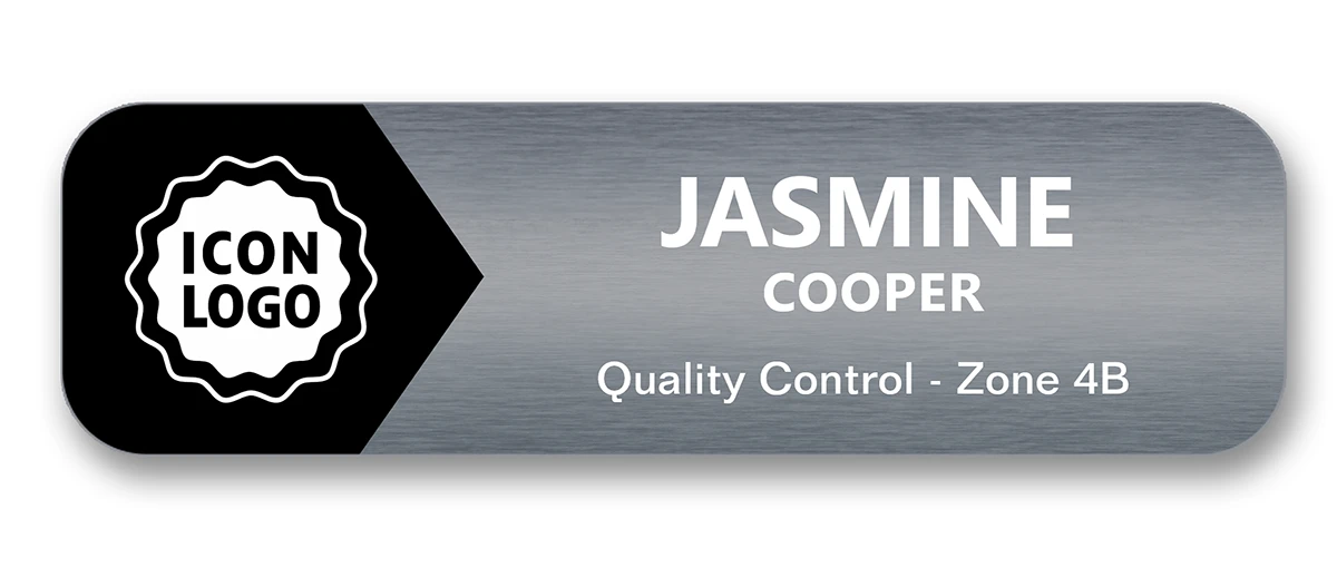 Black and charcoal chevron company ID name tag with space for logo, name, and job title