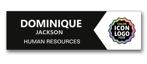 Bold black and white chevron name tag with color logo placement — designed by Debbie Alane, wingsteps