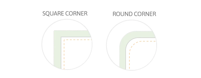 Diagram showing the two name-tag corner options — square and rounded — side by side