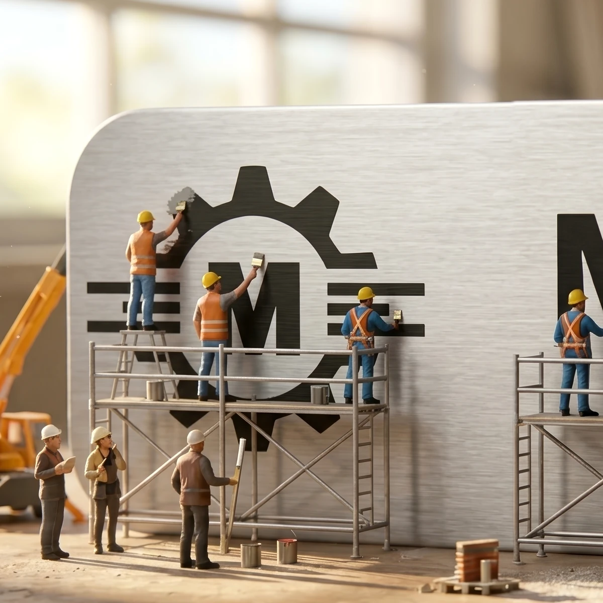 Close-up diorama of miniature workers installing a logo onto a brushed gold name badge — wingsteps