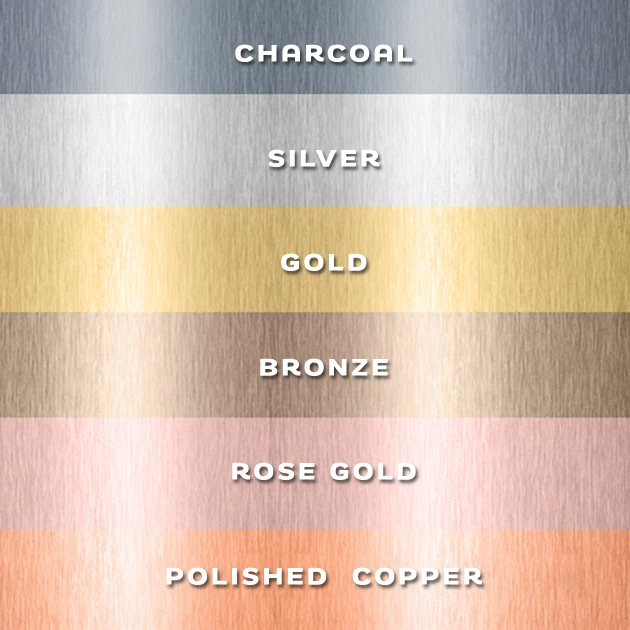 Metallic finish options for name tags: charcoal, silver, gold, bronze, rose gold, and polished copper swatches